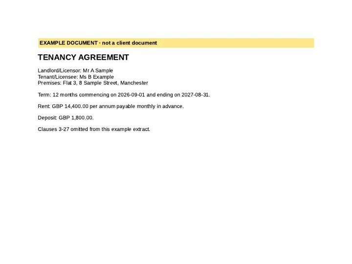First page of an example tenancy agreement marked EXAMPLE DOCUMENT